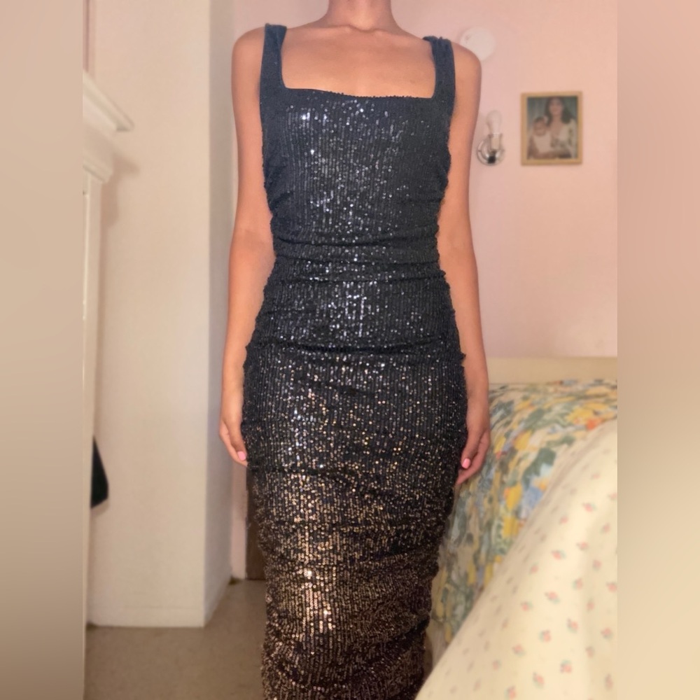 Starry Night | Navy Gold Ombre Sequin Square-Neck Midi Dress